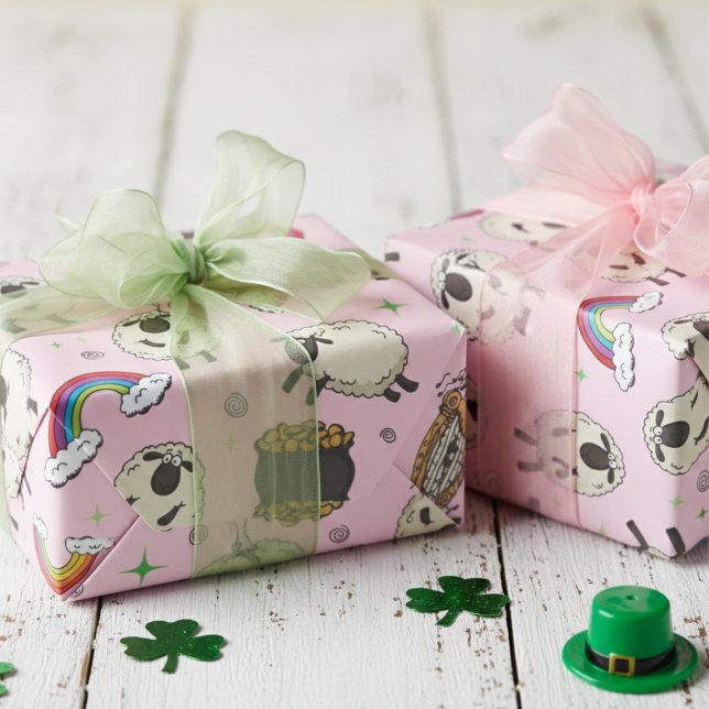 Kids Pink St. Patrick’s Day Sheep & Shamrocks Geschenkpapier (Girly Pink and Green Kids St Patrick's Day Wrapping Paper for Her. Cute Sheep, Rainbow & Shamrocks)