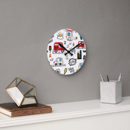 Kids Playful Transport Pattern  Runde Wanduhr