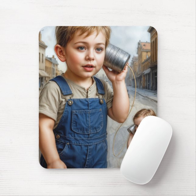 Kids Playing With Retro Tin Can Telephone Mousepad (Mit Mouse)