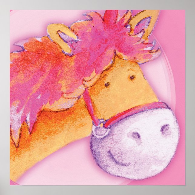 Kids Pony Art Pink & Orange Poster Druck (Vorne)