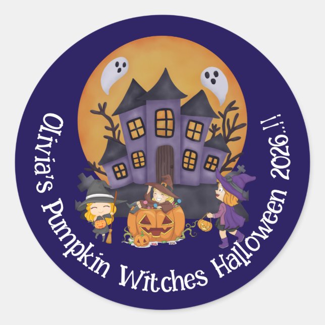 Kids Pumpkin Hexen Halloween-Party Runder Aufkleber (Vorderseite)