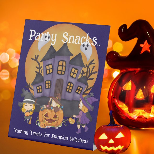 Kids Pumpkin Hexen Halloween-Party Snacks Sockelschild (Pumpkin Witches Halloween Party Table Top Snack Sign)