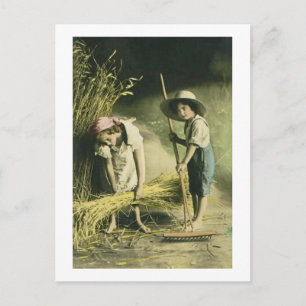 Kids raaking Hay 1903 Vintag Handfarbig Postkarte