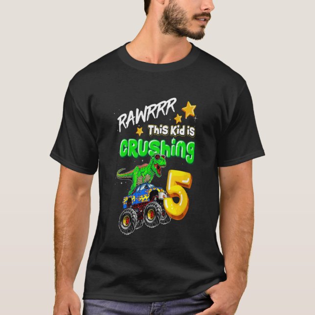 Kids rawrrrrrr Dieses Kind zerdrückt 5 Monster LKW T-Shirt (Vorderseite)