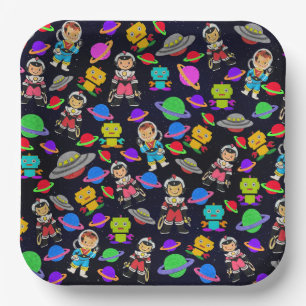 Kids Retro Roboter und Astronauten Pappteller