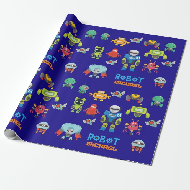 Kids ROBOT als Royal Blue Cartoon Funny Robots Geschenkpapier (Ungerollt)