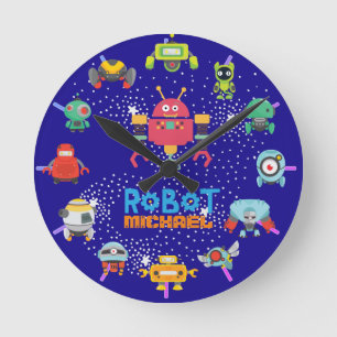 Kids ROBOT Schlafzimmerdekor Pink Blue Named Nuts  Runde Wanduhr