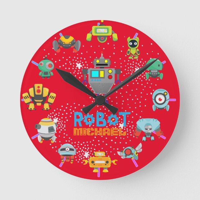 Kids ROBOT Schlafzimmerdekor RED Blue Named Nuts B Runde Wanduhr (Vorderseite)