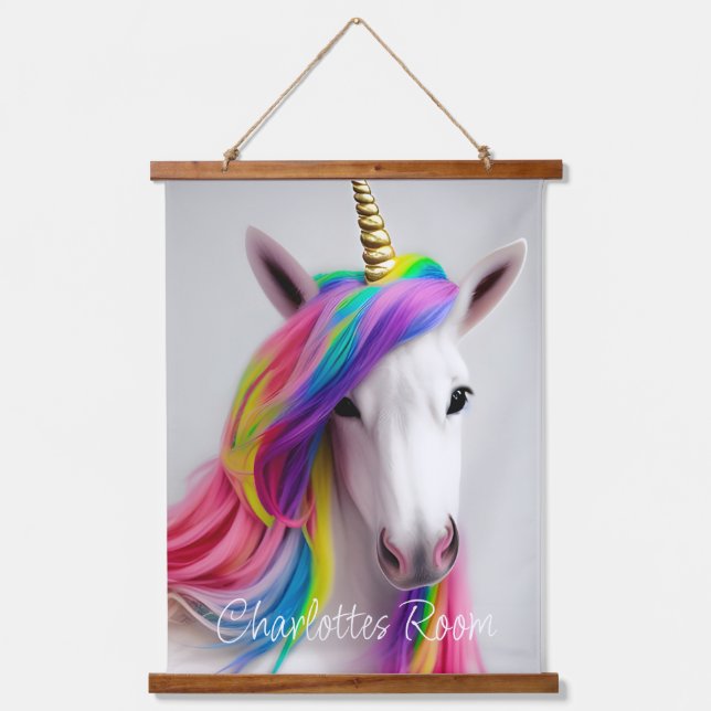 Kids Room Rainbow Unicorn Hängeband Wandteppich Mit Holzrahmen (Vorderseite)