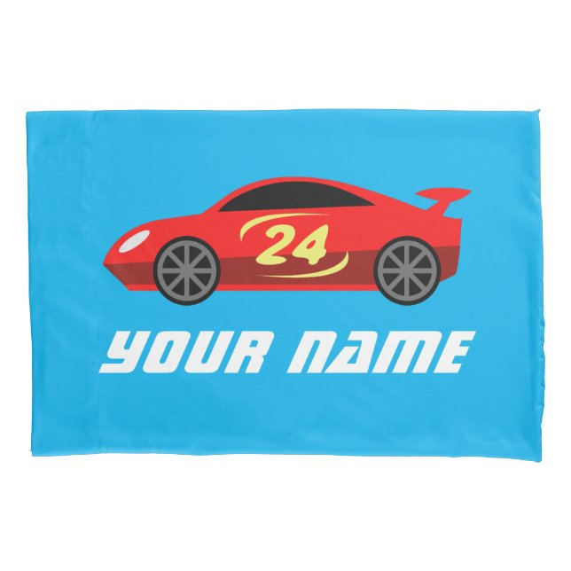 Kid's rotes Racecar Kissen mit individuelle Name Kissenbezug (Vorderseite)