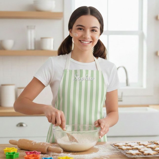 Kids' Sage Green Stripe Custom Name Apron Schürze (Von Creator hochgeladen)