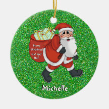 Kids Santa Christmas Picture Name Green Sparkle