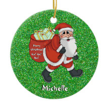 Kids Santa Christmas Picture Name Green Sparkle
