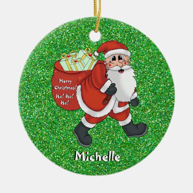 Kids Santa Christmas Picture Name Green Sparkle Keramik Ornament (Vorne)