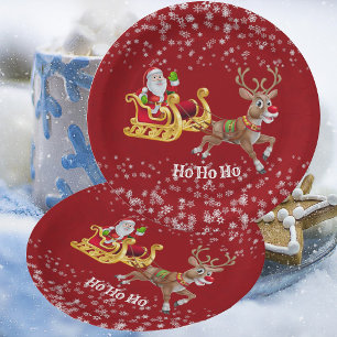 Kids Santa Christmas Rentier Sleigh Snowflake Rot Pappteller