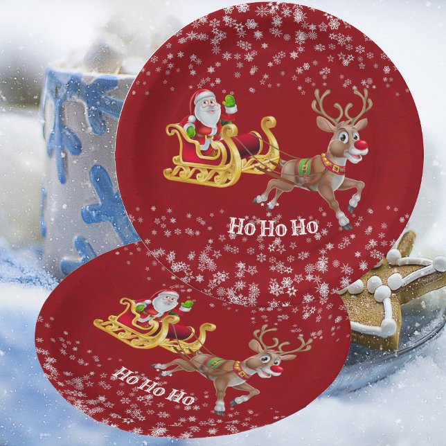 Kids Santa Christmas Rentier Sleigh Snowflake Rot Pappteller (Kids Santa Christmas Reindeer Sleigh Snowflake Red Paper Plates)