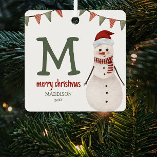 Kids Schneemann Monogramm Weihnachtsbaum  Ornament Aus Metall