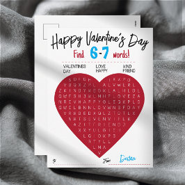 Kids Six Seven Valentine Word Search Heart Class Feiertagspostkarte