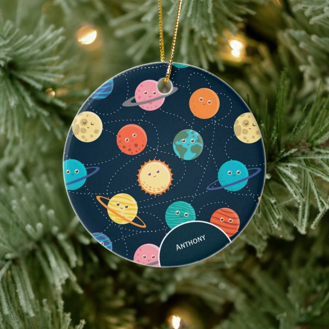 Kids Solar System Planets Muster Blue Christmas Keramik Ornament (Baum)
