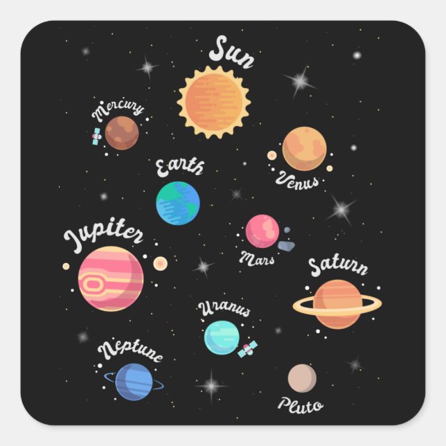 Kids Solar System Planets Wissen Weltraum Quadratischer Aufkleber (Vorderseite)