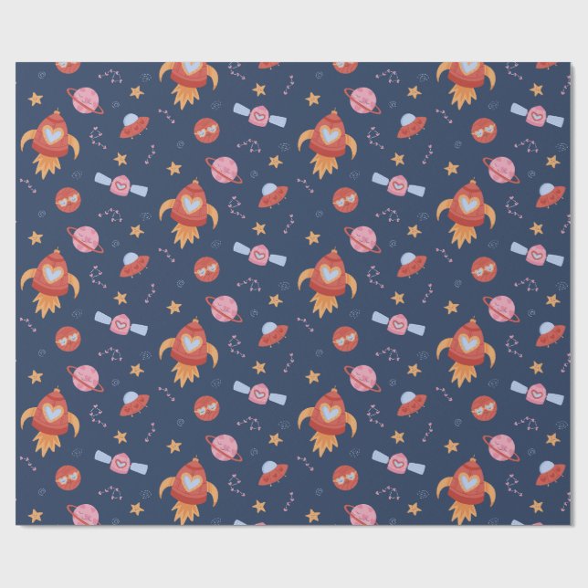 Kids Space Pattern with Rockets & Planets Geschenkpapier (Flach)