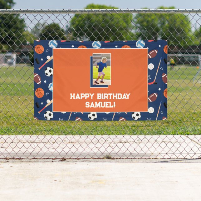 Kids Sports Pattern Blue & Orange Birthday Photo Banner (Insitu)