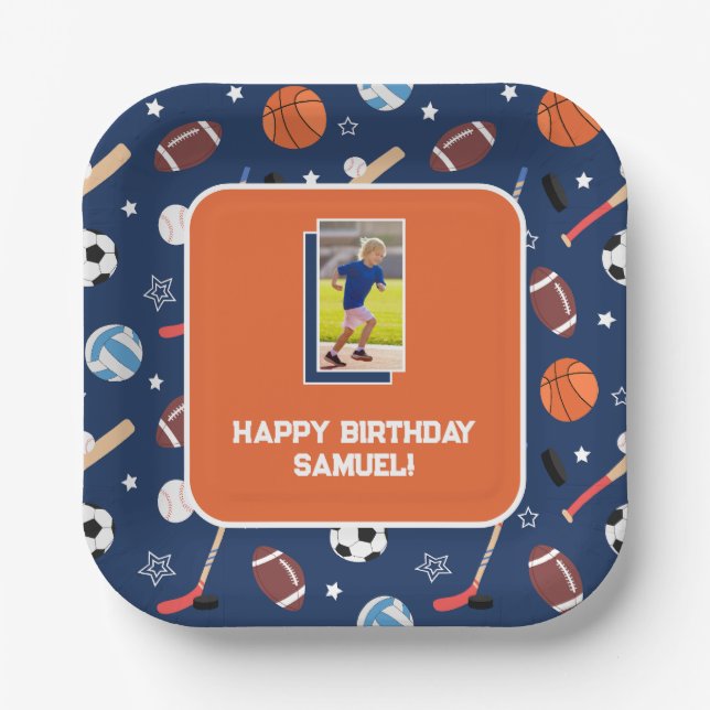 Kids Sports Pattern Blue & Orange Birthday Photo Pappteller (Vorderseite)