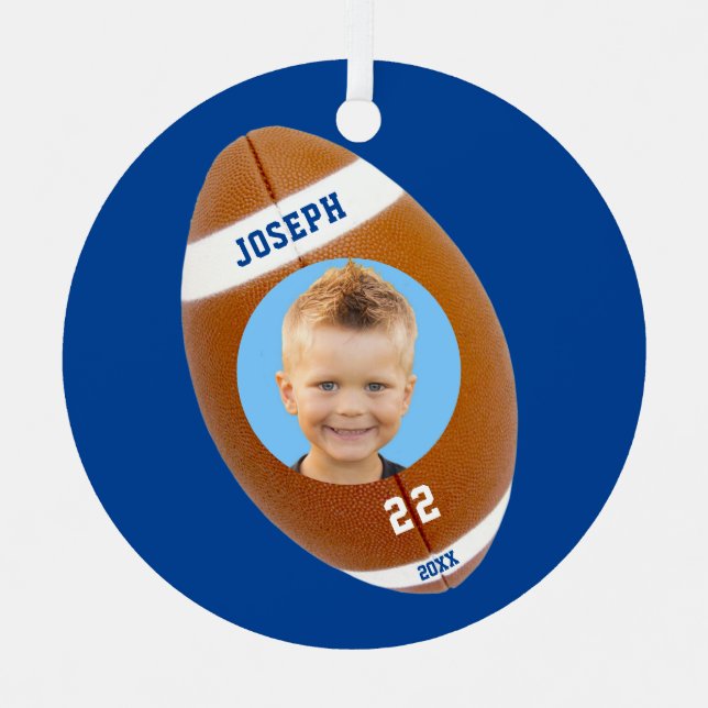 Kids Sporty Blue Foto Football Ornament Aus Metall (Vorderseite)