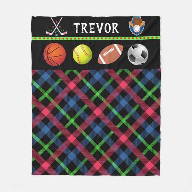 Kids Super Sports Tartan Personalisiert Fleecedecke (Vorderseite)