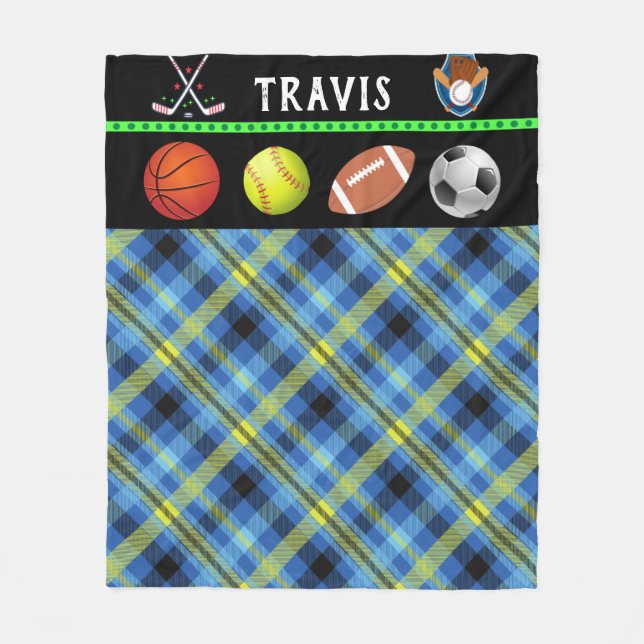 Kids Super Sports Tartan Personalisierte Fleece Bl (Vorderseite)