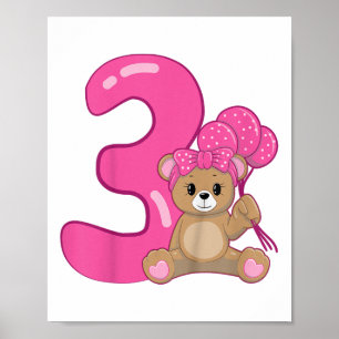Kids Teddy Bear Niedlich 3. Geburtstag Girl Balloo Poster