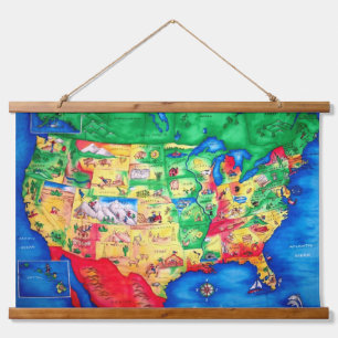 Kids US Map Wall Wandteppich Mit Holzrahmen
