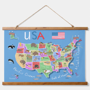 Kids US Map Wall Wandteppich Mit Holzrahmen