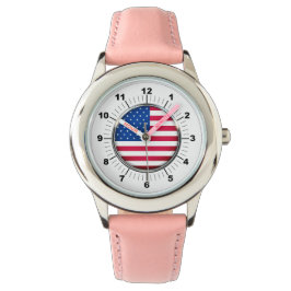Kid's USA Flag Stainless Steel Pink Leather Strap Armbanduhr