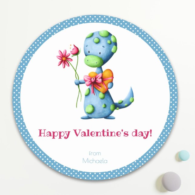 Kids Valentinstag Blue Dinosaurier Runder Aufkleber (Von Creator hochgeladen)