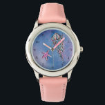 *~* Kids Watercolor Beach Sea Jelly Fish Star Fish Armbanduhr<br><div class="desc">Star Fish Jelly Fish Gold Glitzer Lila Glitzer Blue Glitzer Strandsymbole auf einem Strand wie blubbly schauthy stilblauen abstrakten Aquarell mit einigen magenta Hintergrund zieren das Gesicht dieser hübschen Kinderuhr. Die Uhr hat eine rosa Lederband und eine Hand mit Hilfe für Kinder und kleine Mädchen beim Lesen der Uhr. Der...</div>