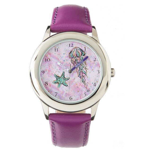*~* Kids Watercolor Beach Star Fish Jelly Fish Sea Armbanduhr (Vorderseite)