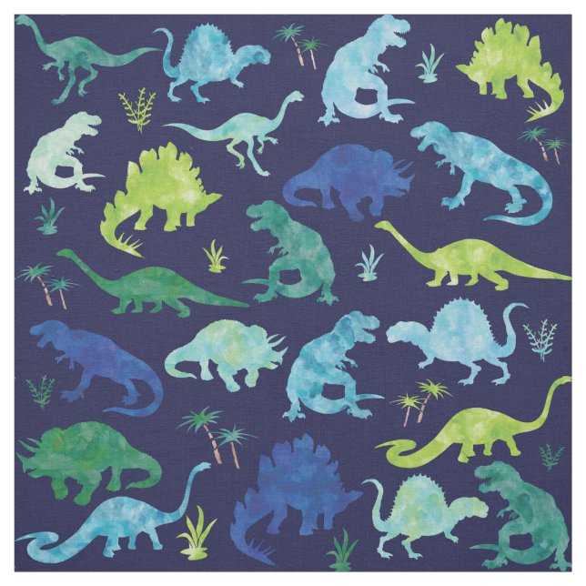 Kids Watercolor Dinosaur Silhouette Pattern Blue Stoff (Muster)