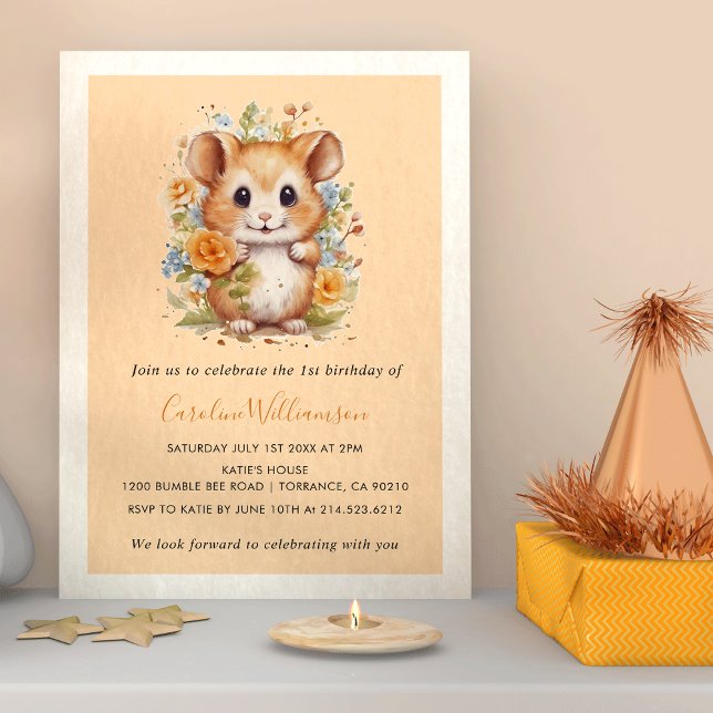 Kids Watercolor Hamster Floral Birthday Party Einladung (Von Creator hochgeladen)