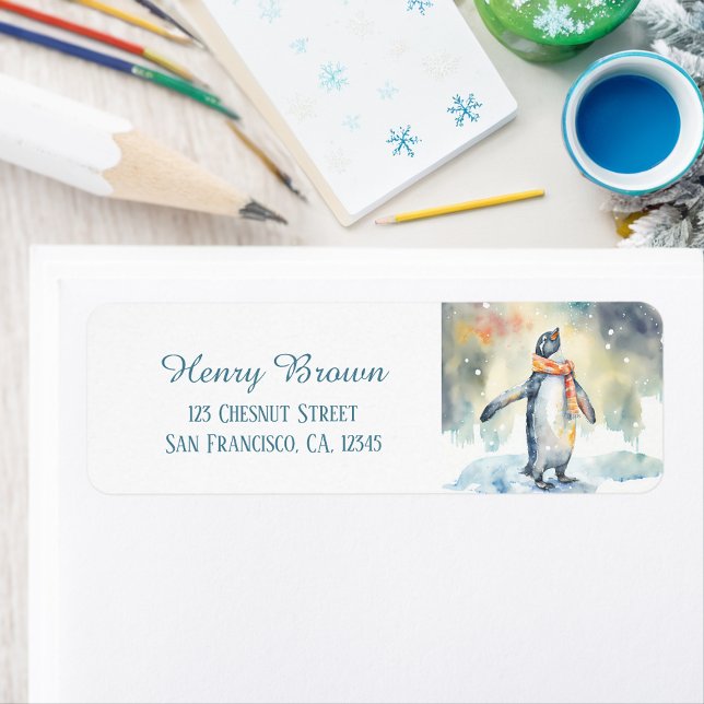 Kids Winter Watercolor Pinguin Rücksendeadresse (Von Creator hochgeladen)
