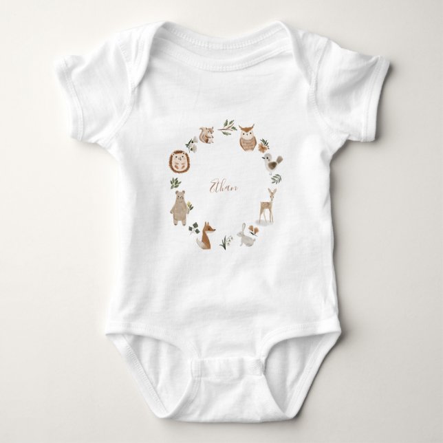 Kids Woodland Tiere Personalisiert Name Wasserfarb Baby Strampler (Vorderseite)