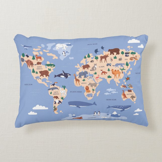 Kids World Map Niedlich Whimsical Modern Dekokissen (Vorderseite)