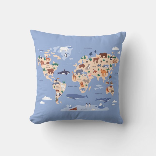 Kids World Map Niedlich Whimsical Modern Kissen (Vorderseite)