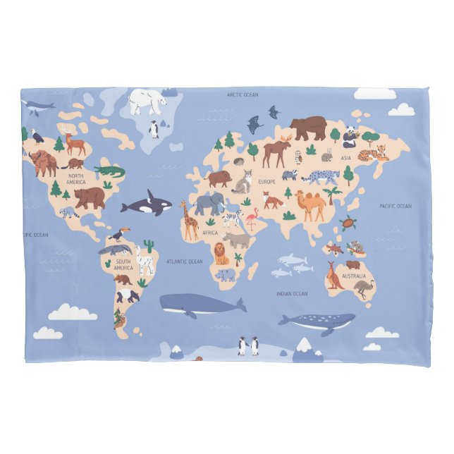 Kids World Map Niedlich Whimsical Modern Kissenbezug (Vorderseite)