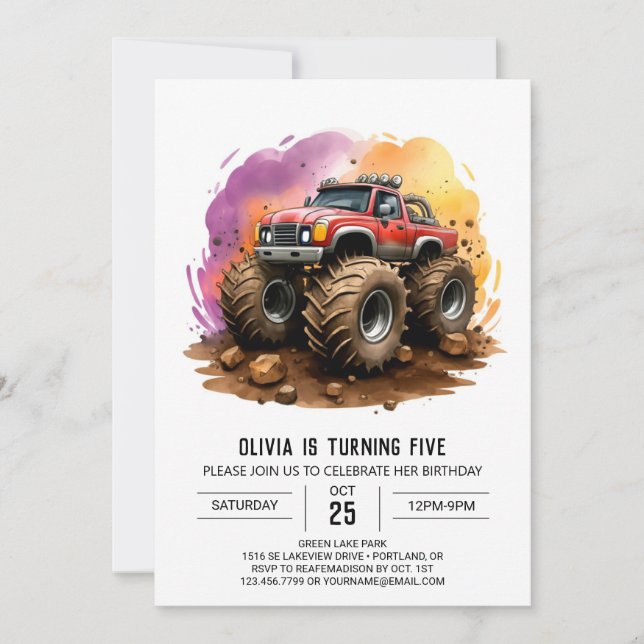 Kids's Watercolor Monster Truck Birthday Einladung (Vorderseite)