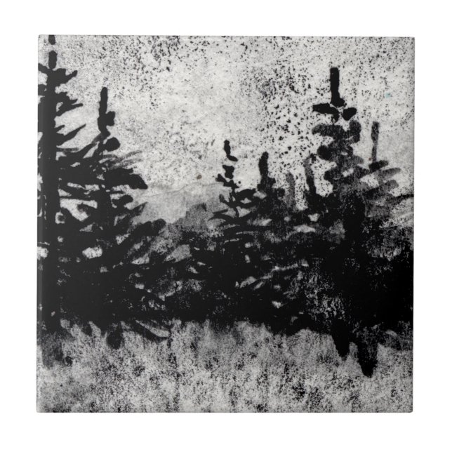 Kiefern in schwarz-weißer Farbe Fliese (Vorderseite)