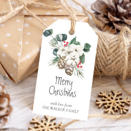 Kiefern mit Zapfen, Winterbeeren, Baumwollknospen Geschenkanhänger