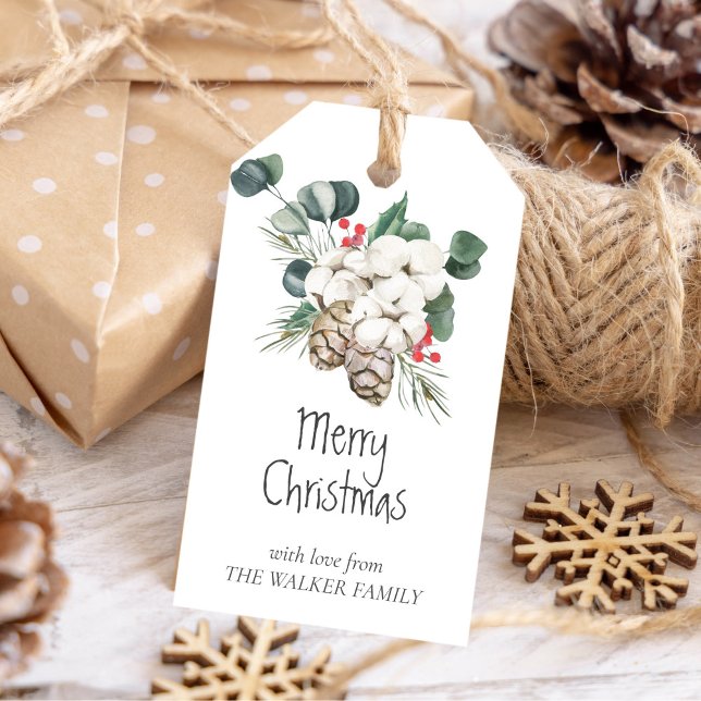 Kiefern mit Zapfen, Winterbeeren, Baumwollknospen Geschenkanhänger (Pine tree with cones, winter berries, cotton buds gift tags)