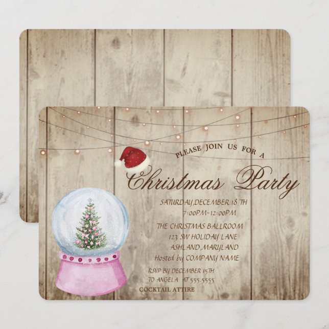 Kiefernbaum, Globe, String-Leuchten, Holzstruktur Einladung (Vorne/Hinten)