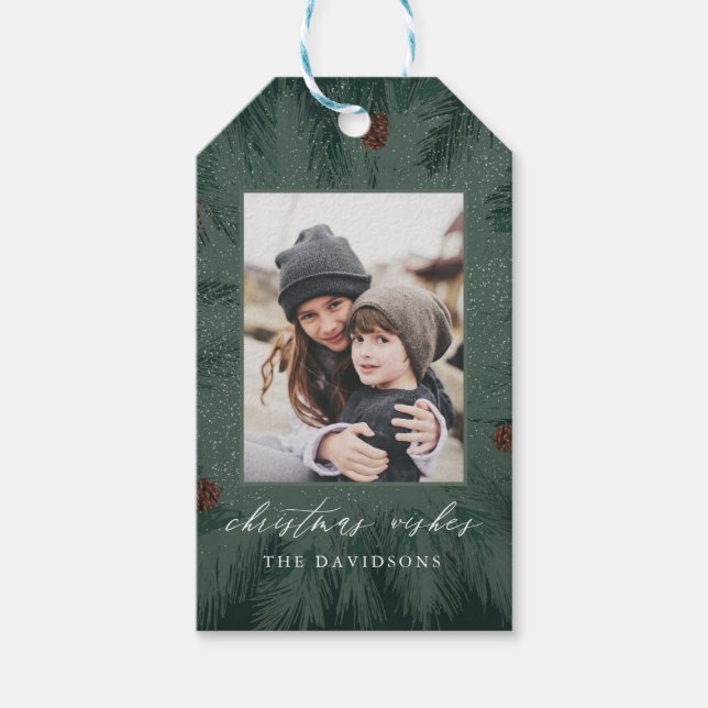 Kiefernbaumrahmen mit Pinecones, Kariert und Foto Geschenkanhänger (Vorderseite)